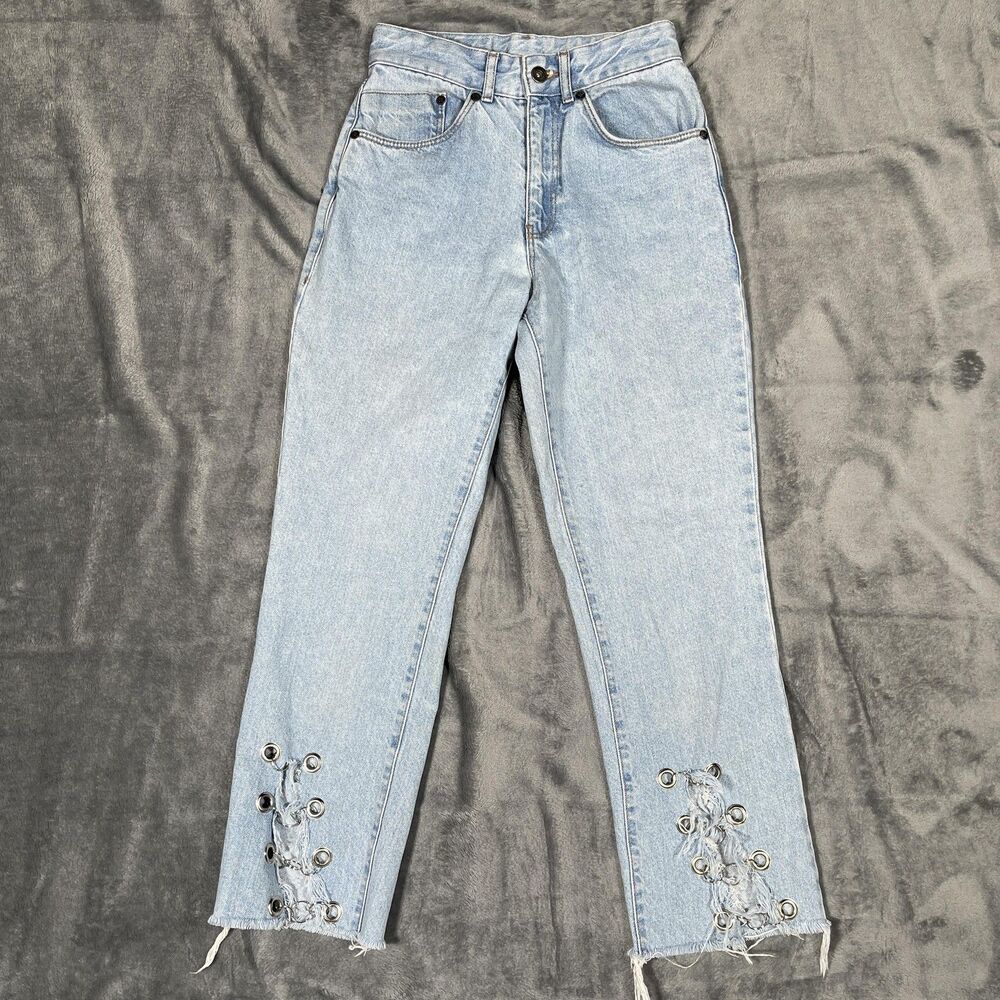 The Ragged Priest Jeans Womens 24 Blue Light Wash High Rise Straight Lace Up